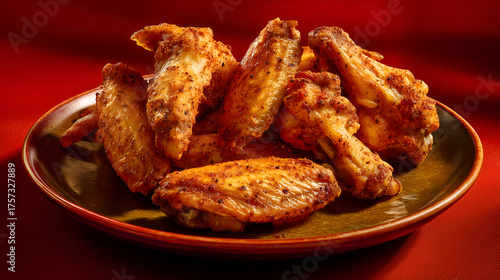 Golden chicken wings with bold seasoning on warm-toned plate. Rich hues and crisp texture evoke clarity, indulgence, and editorial depth in culinary and food styling storytelling.