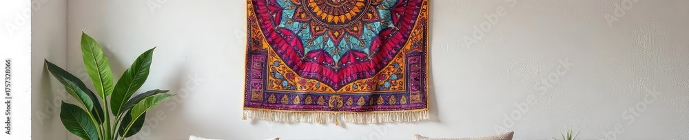 Obraz premium Vibrant bohemian tapestry hanging on a textured wall, adding a touch of global flair and artistic charm to a minimalist room's border Perfect for interior design inspiration , wall art, texture