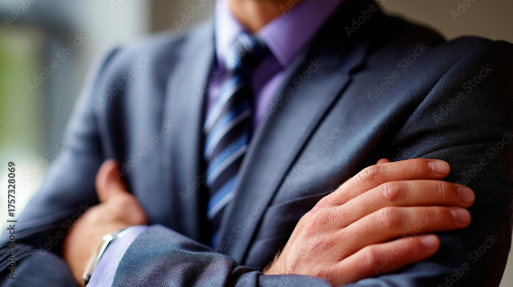 Obraz premium Shoulder and arms of businessperson in formal suit faceless business attire suit shoulders professional clothing formal wear torso business suit closeup corporate attire pro