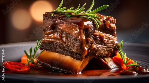 Glazed short rib with rosemary and chili slices. Rich textures and warm tones evoke clarity, indulgence, and editorial depth in gourmet culinary storytelling.