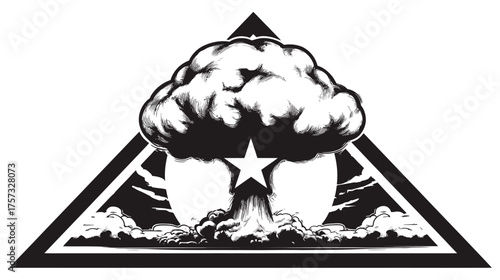 A black and white illustration showing a stylized explosion inside a triangle shape with a star
