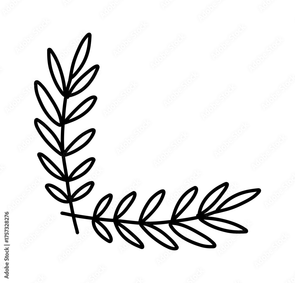 Obraz premium Simple hand-drawn floral corner element, black vector doodle with leaves and buds, perfect for decorative design accents.