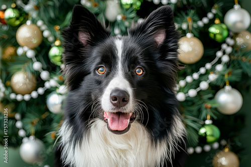 Medium dog relaxing under a decorated christmas tree in a cozy, bright living room setting