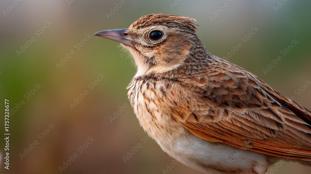 Fototapeta premium Close up of a eurasian skylark perched with a blurred background showcasing its plumage details