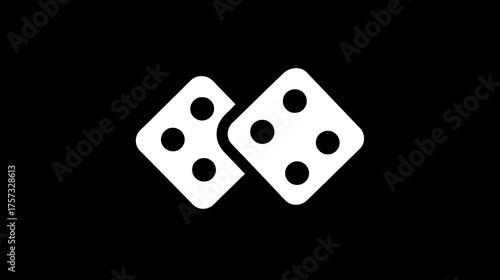 A graphic illustration depicting two interlocking, white dice on a stark, black background