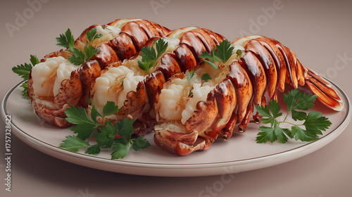 Cooked Lobster Tails with Tender White Meat and Parsley Garnish on White Plate