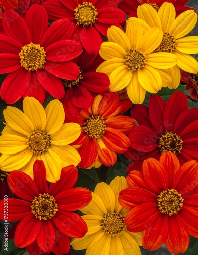 Close-up of vibrant red and yellow daisy-like flowers