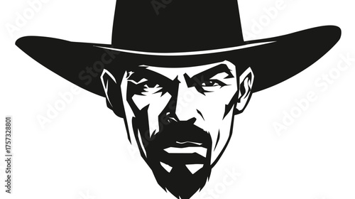 A stark, graphic representation of a man with a hat, featuring harsh lines and negative space