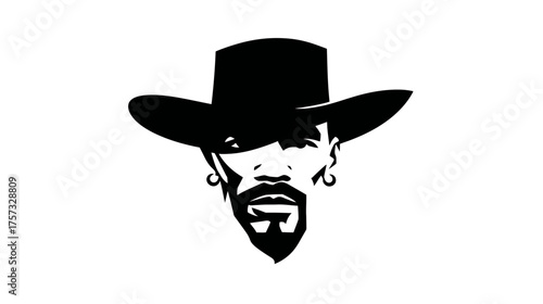 Silhouette of a man with a beard, earrings, and a cowboy hat. Graphic black and white illustration