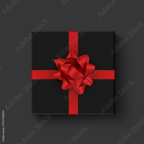 Black gift box with red bow on white background. Realistic 3D present illustration perfect for Black Friday, birthday, Christmas, or wedding celebration design.