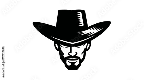 Silhouette portrait of a stern-faced man wearing a cowboy hat, rendered in bold black and white lines