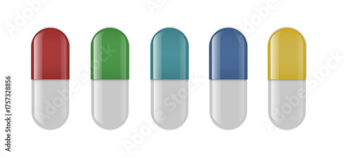 Set of realistic medicine pills, tablets, and capsules in various shapes and colors. Perfect for healthcare, pharmacy, medical, and wellness projects.