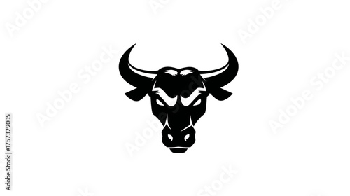 A bold, graphic rendering of a bull's head in a stylized form, black against a white backdrop