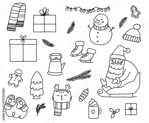 Set of hand drawn Christmas doodle elements including Santa Claus, gifts, snowman, winter clothes and holiday decor. Cute outline vector illustration for festive design, cards, posters and wrapping