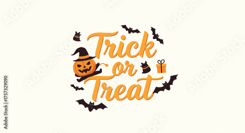 Trick or treat Halloween celebration with a pumpkin wearing a witch hat and flying bats.