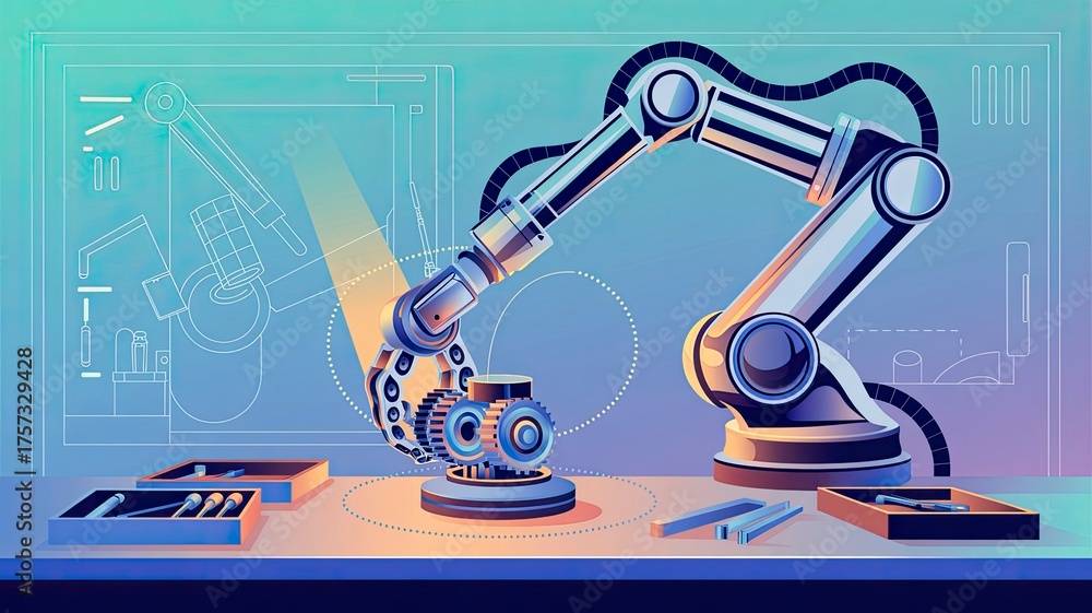 Naklejka premium Robotic Arm Assembling Components in Modern Industrial Workspace