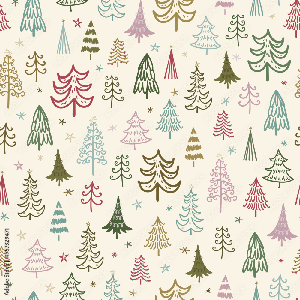Obraz premium Cute hand drawn doodle trees, lovely christmas seamless pattern, illustrated background, great for wrapping paper, textiles, wallpapers, packaging - vector