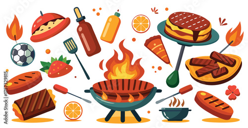 Flat Barbecue Food Icons Set – Grilled Meat, Steak, Sausage, BBQ Party, Fire and Cooking Tools Vector Illustration