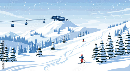 A serene winter mountain landscape with skiers enjoying the snow covered slopes and ski lifts.