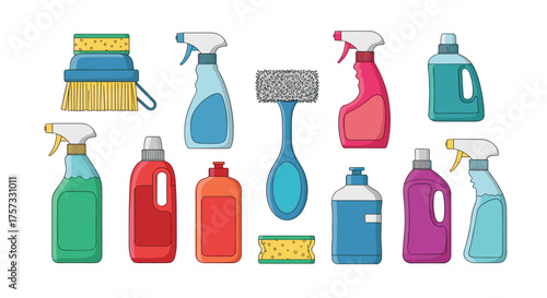 A collection of household cleaning products including spray bottles and sponges for effective home maintenance.