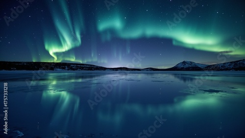 Wallpaper Mural Northern lights aurora borealis over frozen lake and mountain under starry night sky, stunning arctic winter landscape reflection Torontodigital.ca