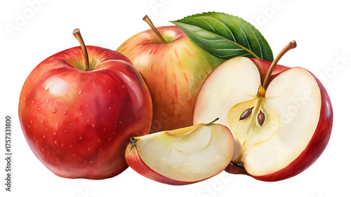 Luscious Watercolor Apple Still Life with Slice and Whole Fruits Together