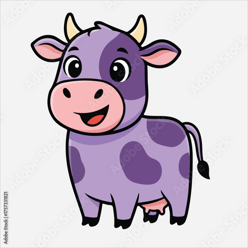 Smiling Cartoon Cow with Purple Spots and Playful Expression.