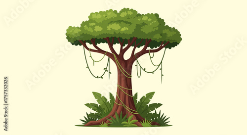 An isolated vector illustration of a majestic jungle tree with a wide canopy, hanging liana vines, and lush tropical undergrowth