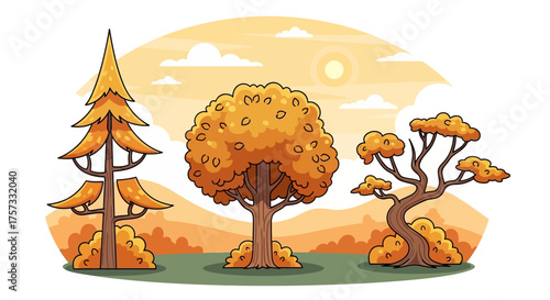 Hand-drawn illustration of various trees with orange and yellow foliage during the fall season against a scenic background