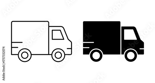 Black and White Delivery Truck Icons Vector Set - Minimalistic vector illustration showing black and white delivery truck icons, ideal for logistics, transport, courier, and shipping design concepts.