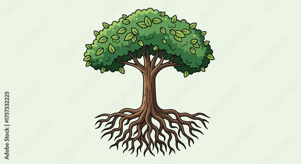 Naklejka premium A vibrant illustration of a mature tree with a strong root system, symbolizing growth and stability