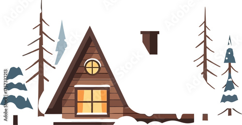 Cozy cabin covered in snow with smoke rising from the chimney on a winter day