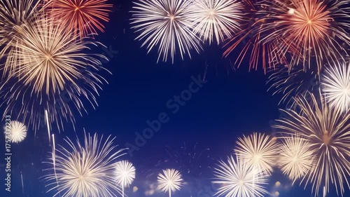 Brilliant bursts of colorful fireworks against a deep blue sky, ideal festive greeting backdrop