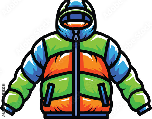 Colorful cartoon puffer jacket with hood in green orange and blue on white background