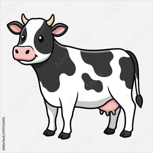 Cartoon Cow with Black and White Spots Smiling and Standing Proudly.