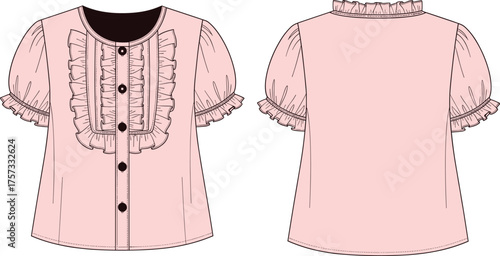 Blouse technical flat sketch, front and back view, puff sleeve, ruffle trim, button-down closure, round neck, feminine fashion design template
