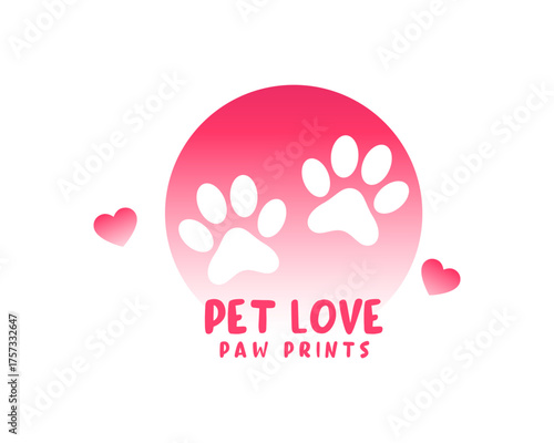 Cute Pet Love Logo with Pink Paw Prints and Hearts Vector Design