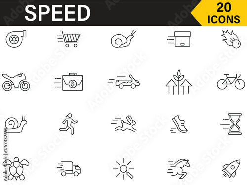 Speed outline icon set. Containing fast, slow, speedometer, car, movement, indicator, turbo and more. Set of 20 icons related to speed. Vector illustration.
