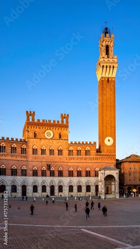 A majestic brick building and towering clock-tower set against a blue sky