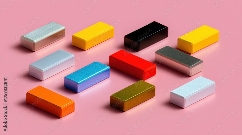 Obraz premium Group of small rectangular objects arranged in a scattered manner on a pink background.