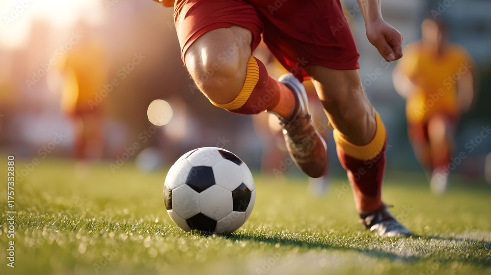 Fototapeta premium Soccer player running with ball on a green grass field