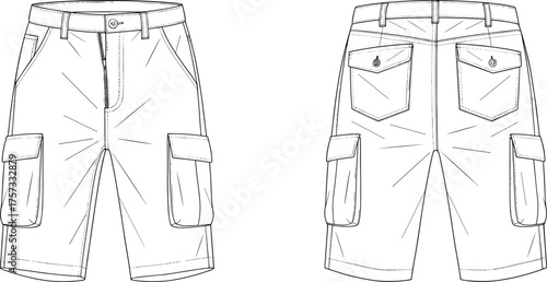 Cargo shorts technical flat sketch, front and back view, flap pockets, belt loops, zipper fly, patch pockets, stitching details, fashion vector illustration