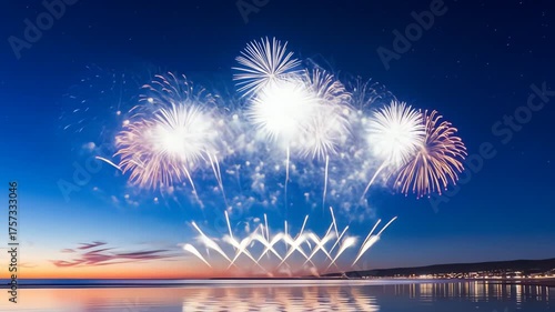 Spectacular fireworks display illuminating the night sky over a calm body of water
