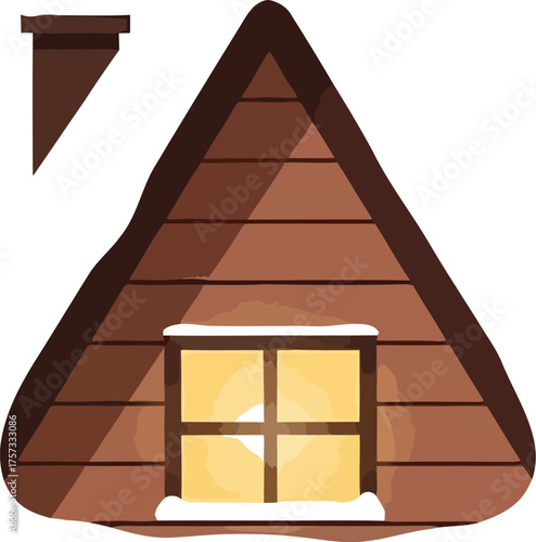 Cozy cabin roof covered in snow with smoke coming from the chimney isolated