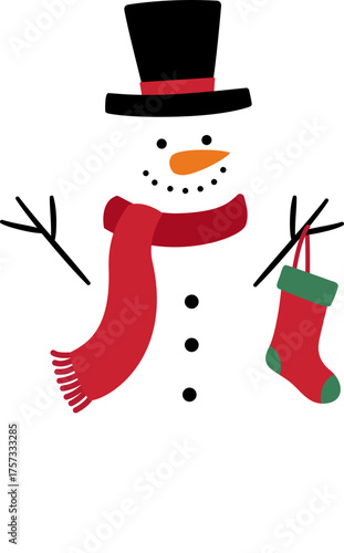 Christmas snowman character flat vector illustration.
Traditional Christmas snowman wearing black top hat clipart isolated.
Transparent background. SVG.