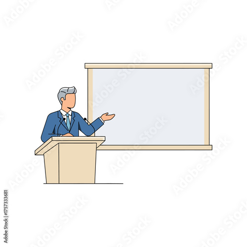 Businessman presenting information at a podium with a whiteboard behind him, delivering a speech with confidence and clarity.