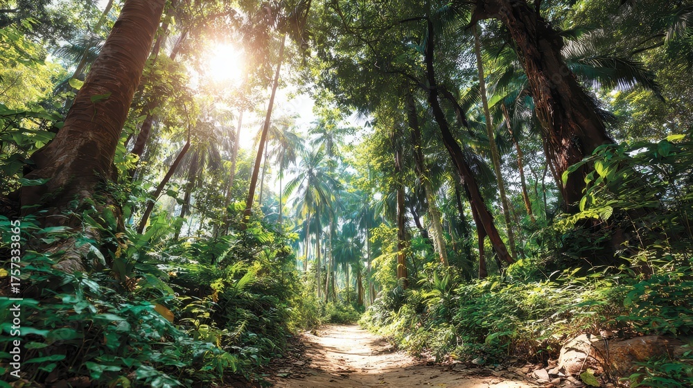 Fototapeta premium Lush Green Tropical Forest with Sunlight Path.
