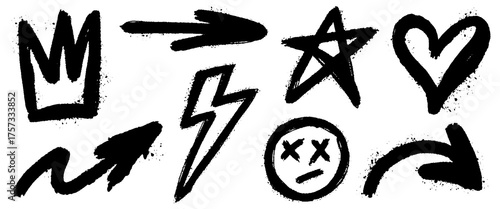 Graffiti spray elements set. Street art graffiti tag symbols, arrow, heart, star, face, lightning. Underground urban design, vector aerosol elements with drips, crosses, and grunge graffiti textures.