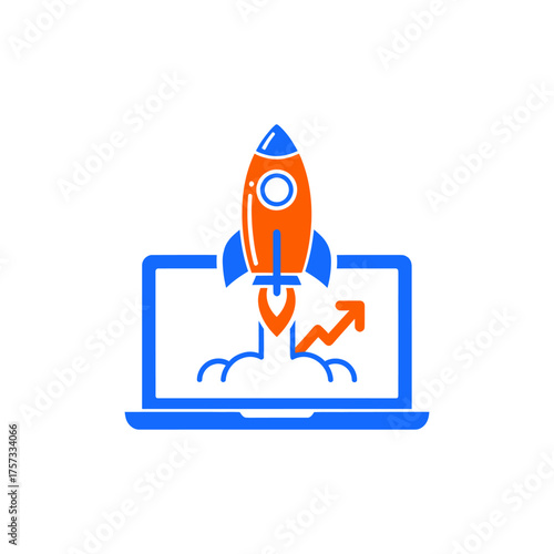 Rocket launching from laptop screen symbolizes business startup and growth with upward trend in bright, optimistic style.