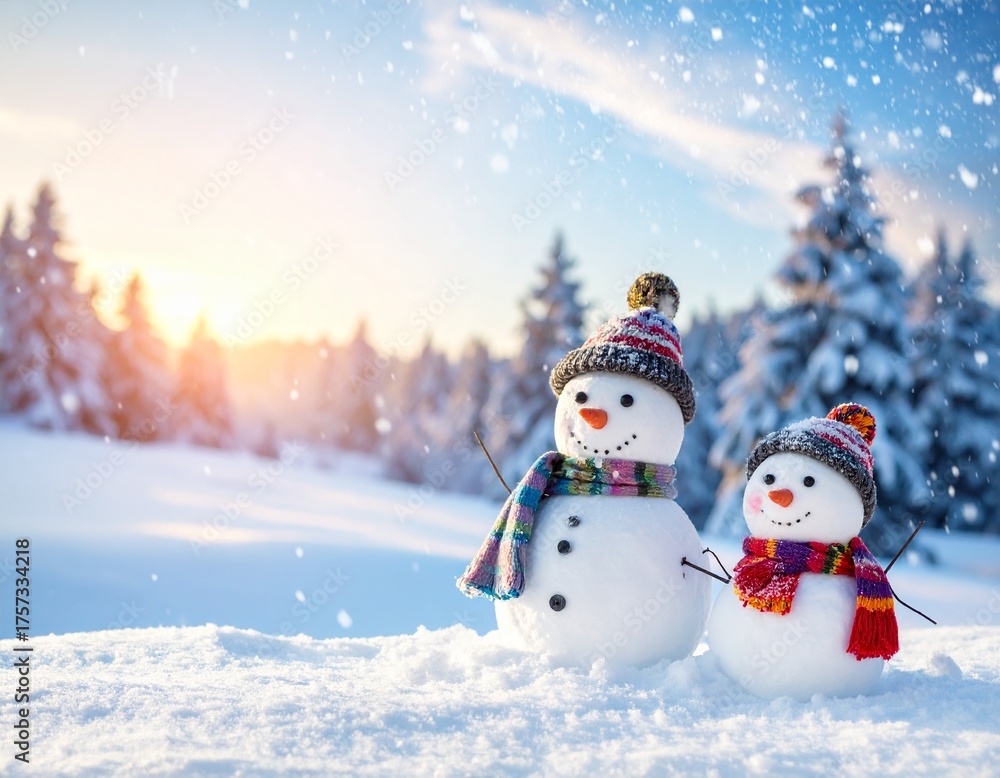 Fototapeta premium two happy snowmen watching the snow fall in a snowy winter forest at sunset